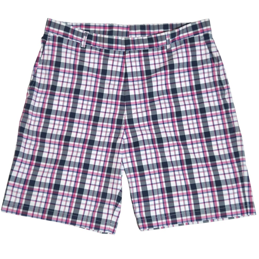 Walter Hagen Golf Short Men 38 Pink Navy Blue Plaid Check Flat Front Performance
